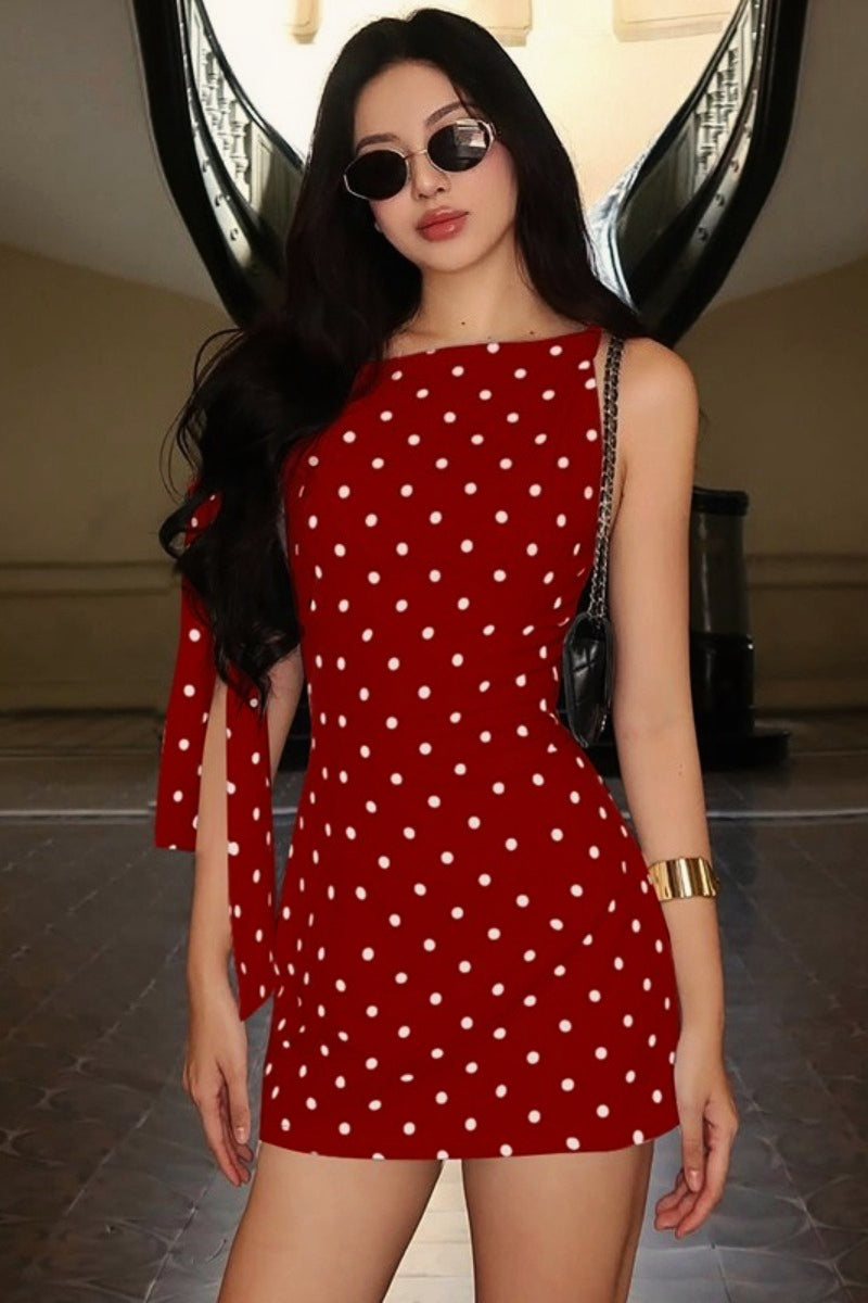 Boat Neck Polka Dot Asymmetric Shoulder Tie Detail Bodycon Mini Dress