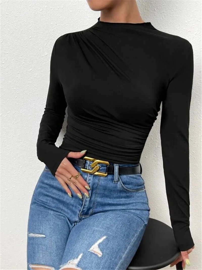 Ootddress Solid Casual Pleated T-shirt For Women Patchwork Long Sleeve High Waist Inner Ruffled Crop top Ladies Vintage Y2k Top Tee 15 Ootddress Solid Casual Pleated T-shirt For Women Patchwork Long Sleeve High Waist Inner Ruffled Crop top Ladies Vintage Y2k Top Tee