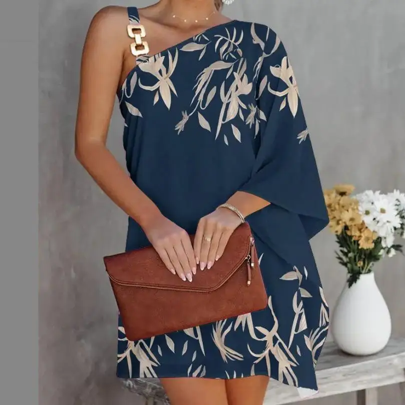 2025 Summer Dresses For Women Sexy Elegant Irregular Mini Dress Gown Fashion One Shoulder Diagonal Neck Print Vintage Vestidos