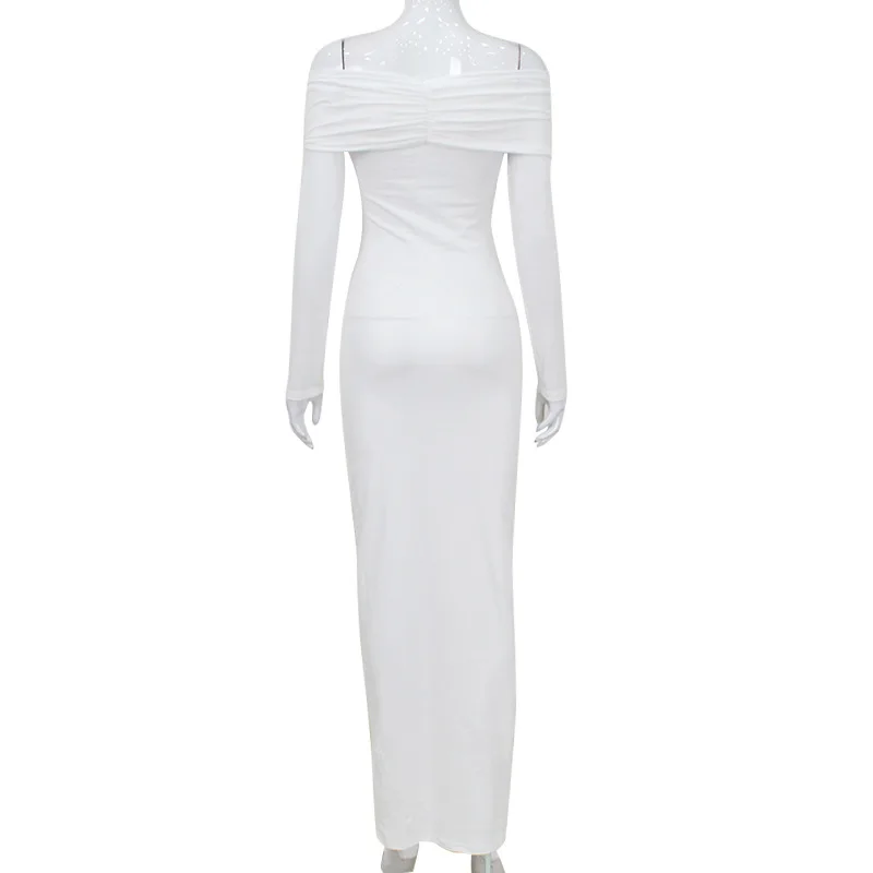 Ootddress White Pleated Slim Maxi Dress Elegant For Women Patchwork Off-Shoulder Fashion High Waist Dress Ladies Solid Party Dress
