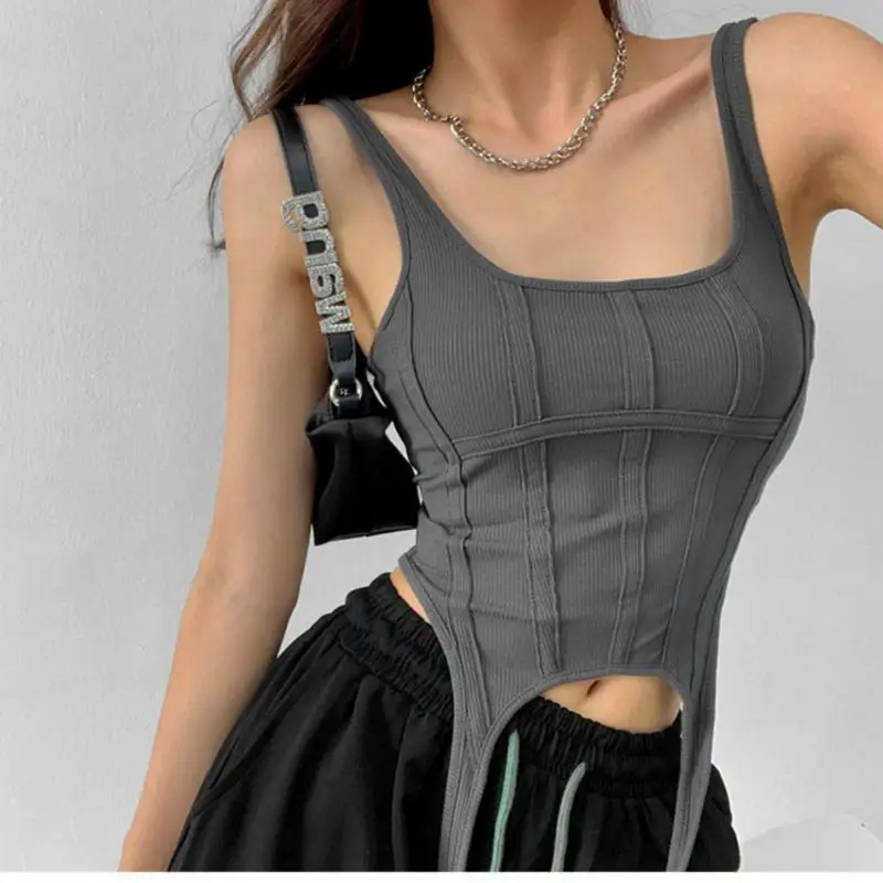 Ootddress Y2k Croset Top Women Summer Fashion Vintage Irregular Rib Knitted Sleeveless Slim Cropped Tops Feminino Sexy Tank Top