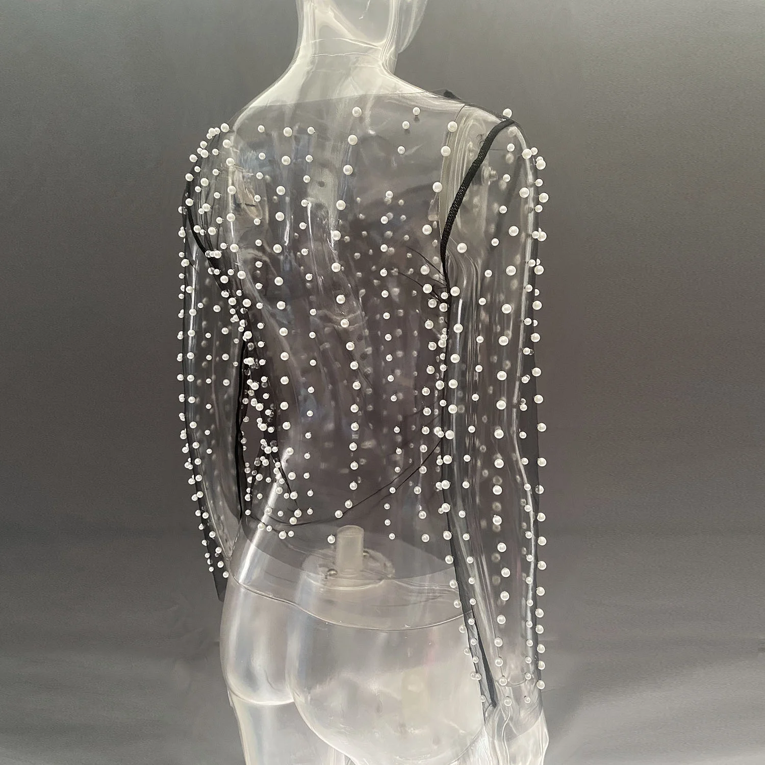 Ootddress Pearl Mesh See Through T-shirt Women Fashion Long Sleeve Pullover Blouse Ladies Summer U Neck Sexy Tee Shirt Tops