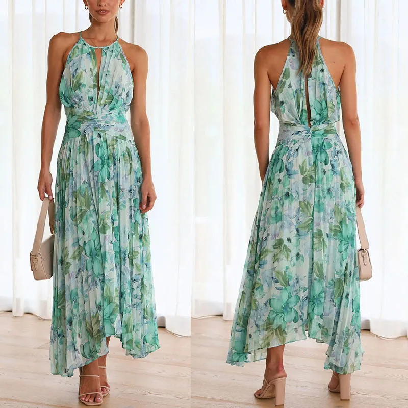 Fashion Print Halter Neck Dresses Women Hollow Out Backless Folds Sleeveless Irregular Hem Dress Trendy Lady Summer Vestidos New 6 Fashion Print Halter Neck Dresses Women Hollow Out Backless Folds Sleeveless Irregular Hem Dress Trendy Lady Summer Vestidos New