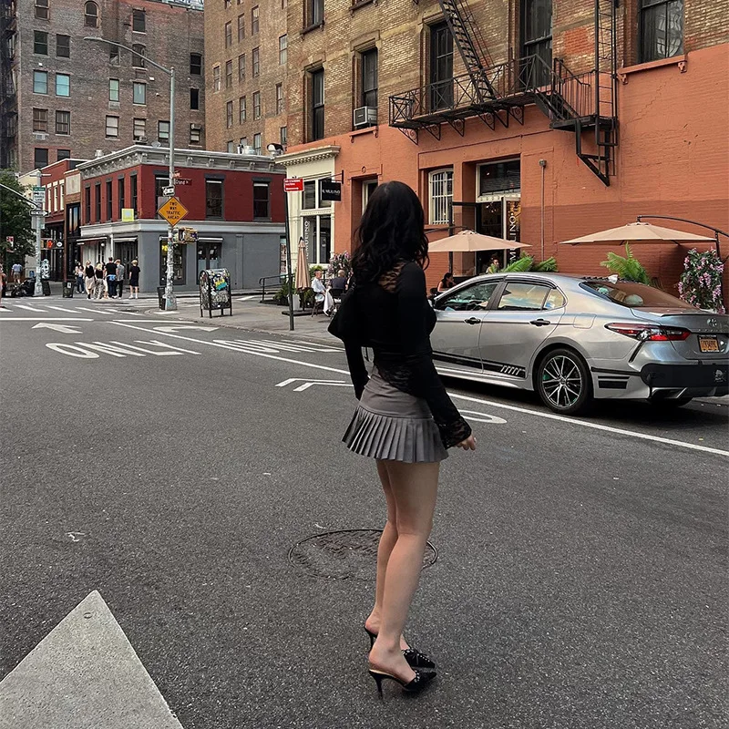 Ootddress Lace Patchwork See-Through Crop top For Women Fashion Sexy Long Sleeve Slim Patchwork Cropped Y2k Top Female Clothes Tee