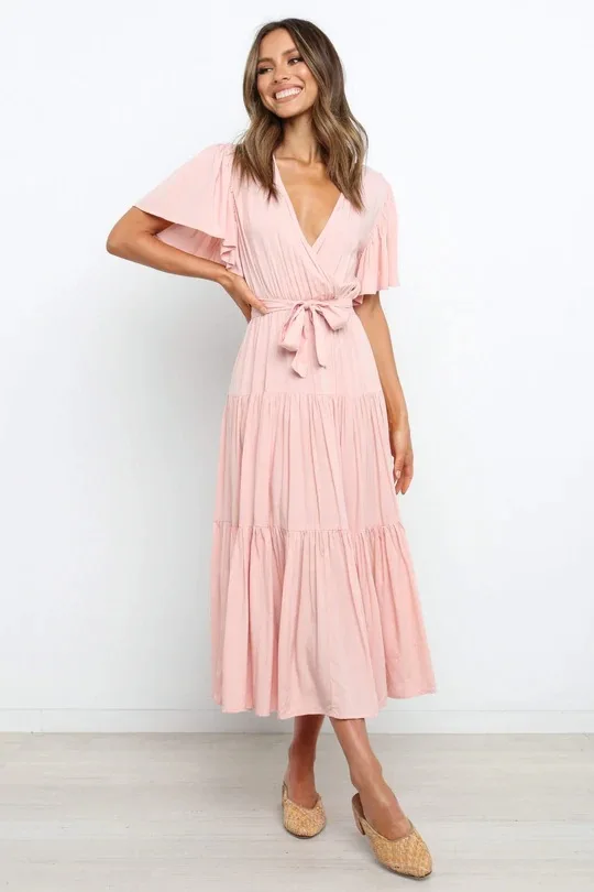 Trendy Solid Color Ruffles Long Dresses Women Sexy V-neck Ruffle Sleeves Leace-up Temperament Elegant Lady Dress 2025 Summer New 50 undefined