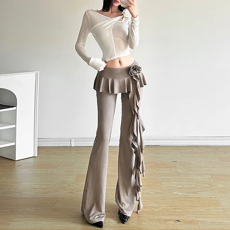 Ootddress Fashion Flower Ribbons Straight Pants For Women Solid Color Casual High Strecth Folds Patchwork Female Summer Trousers