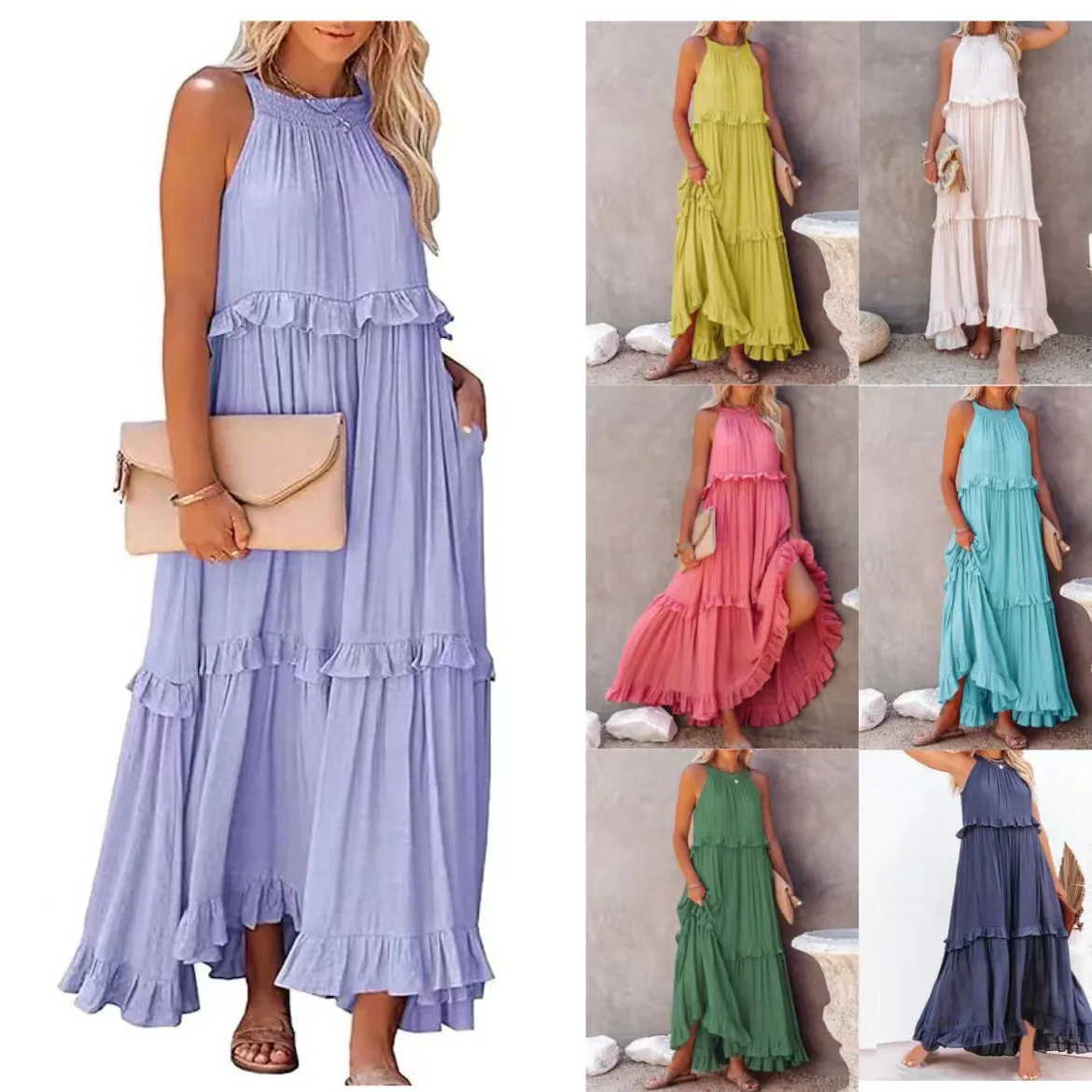 Summer Vacation Style Halter Neck Long Dresses Women Fashion Backless Leace-up Loose Ruffles Beach Dress Elegant Ladies Vestidos 6 Summer Vacation Style Halter Neck Long Dresses Women Fashion Backless Leace-up Loose Ruffles Beach Dress Elegant Ladies Vestidos