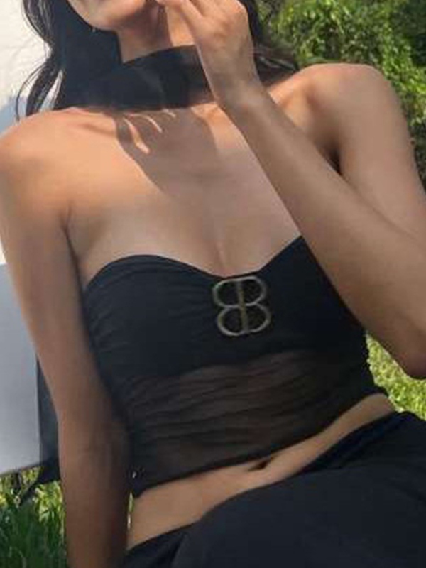 Low Cut Metal Decor Mesh Bandeau Top