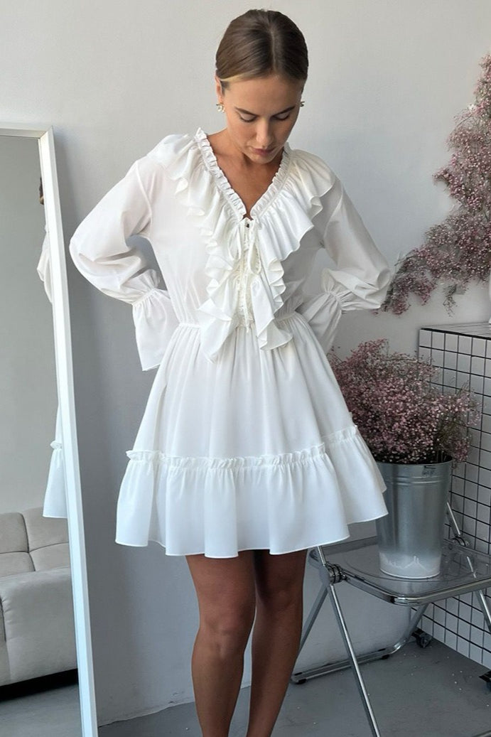 V-Neck Lace-Up Ruffle Trim Balloon Sleeve Mini Dress