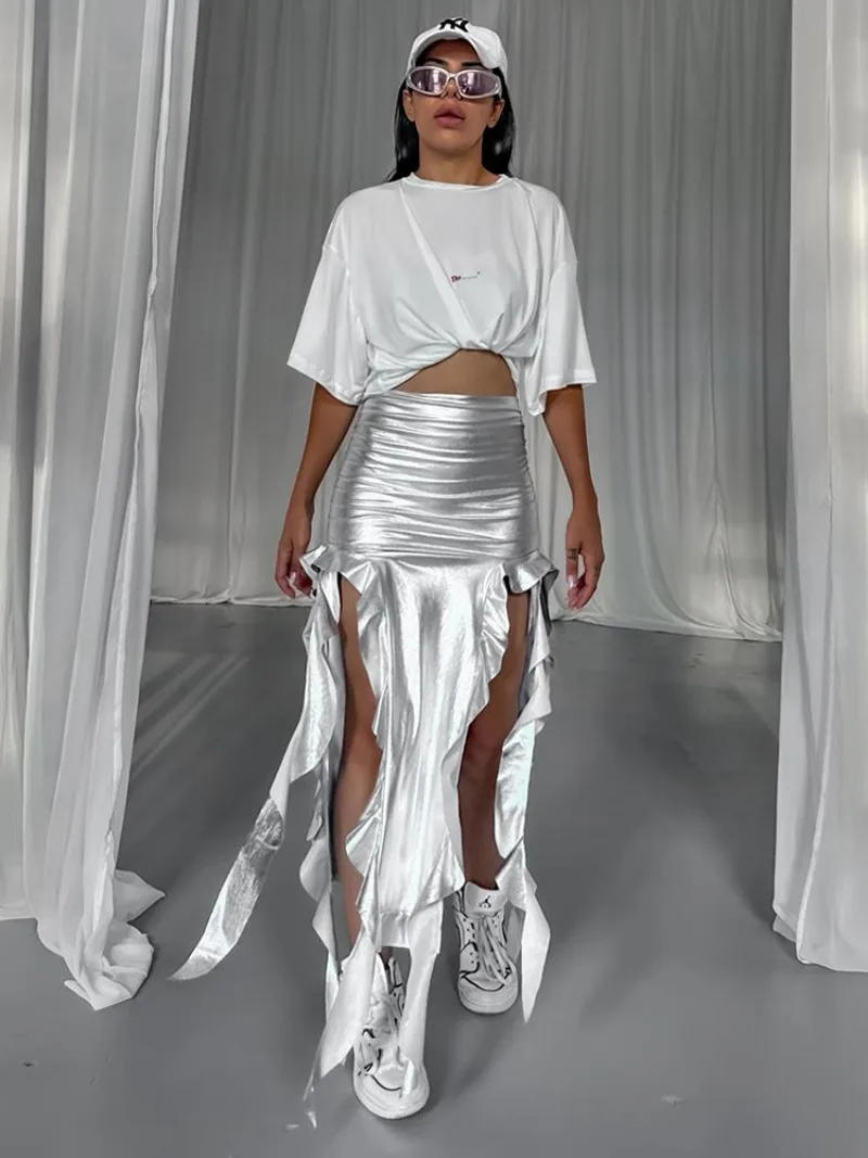 Ootddress High Waist Bodycon Long Skirt For Women 2025 Casual Hollow Out Tassel Faldas Ajustadas Side Slit Party Maxi Skirts Woman