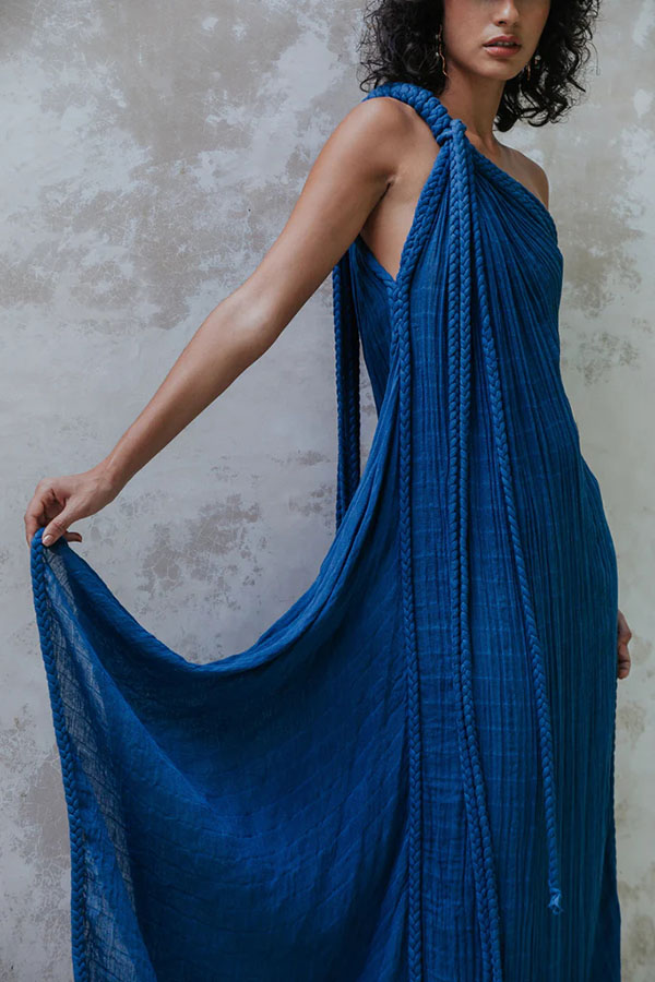 Khloe Linen Blend One Shoulder Draped Braids Cover Up Maxi Dress