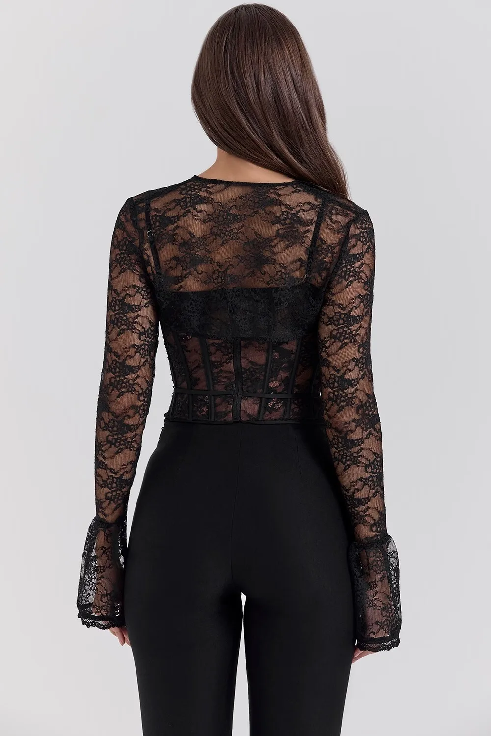 Ootddress Elegant Lace Printed Patchwork Long Sleeve Hollow Out Women Top Set Sexy Perspective Fishbone Tight Strap Up 2025 Set