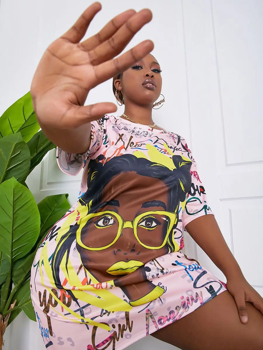 Plus Size Graffiti Figure Print Dress Drop Shoulder Streetwear Stretchy Half Sleeve Pullover Boyfriend Tee Lady Outfits 10 Plus Size Graffiti Figure Print Dress Drop Shoulder Streetwear Stretchy Half Sleeve Pullover Boyfriend Tee Lady Outfits