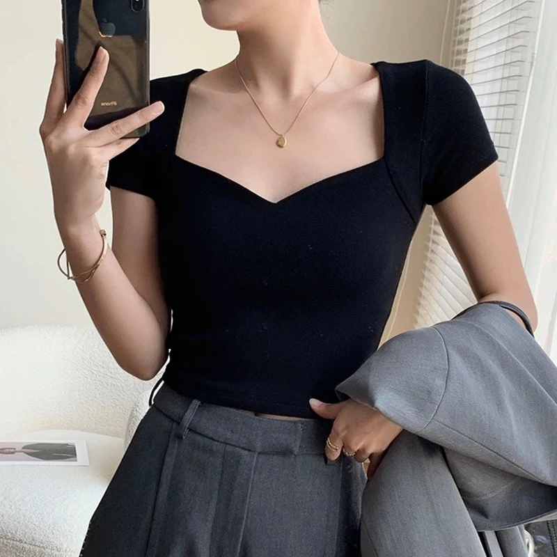 Women Square Neck Rib Crop T-shirt Summer Short Sleeve Crop Top Ladies Sexy Solid Color Short Tops Basic Black Tee Shirt