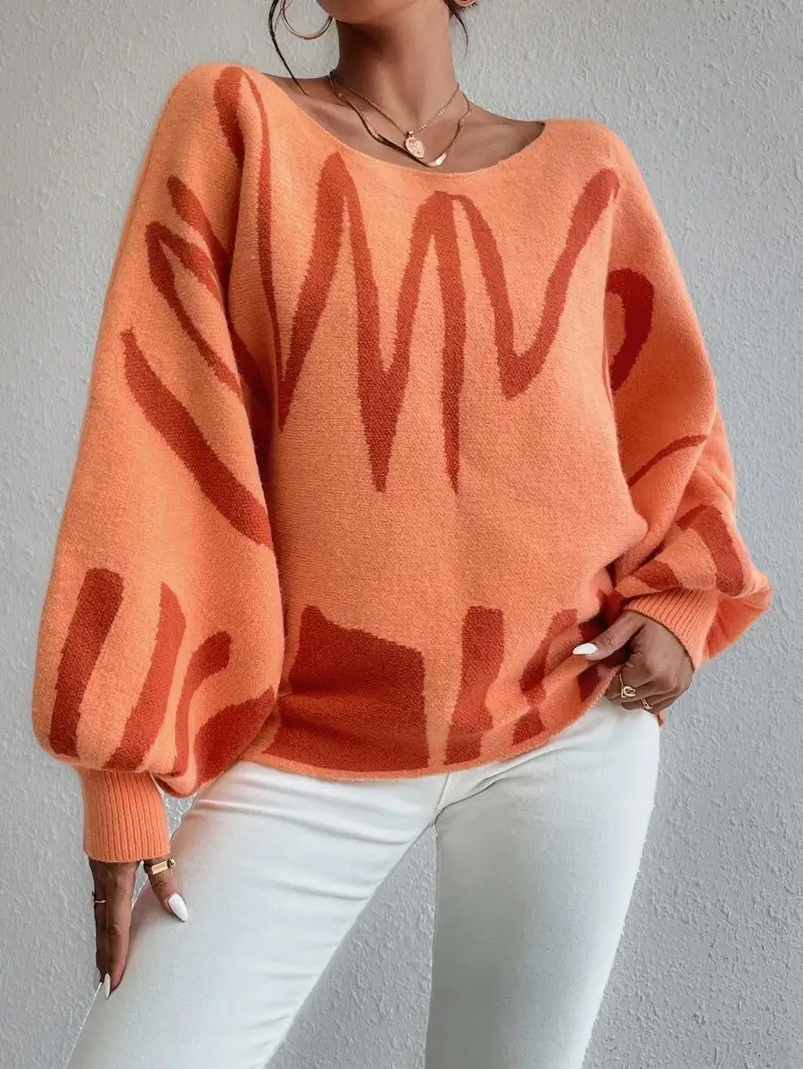 Ootddress Off Shoulder Sweater For Women Batwing Sleeve Pullover Knit Loose Jumper Tops Art Printed Spring New Oversized Sweaters