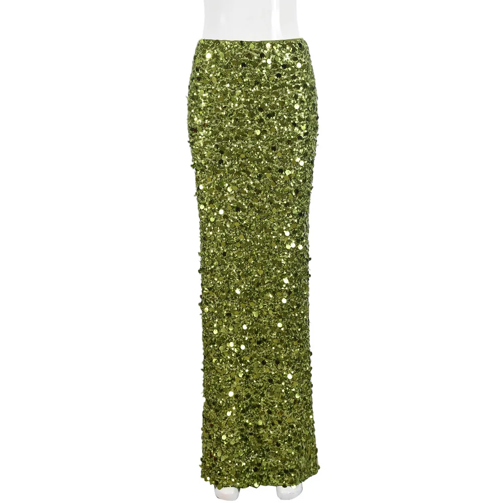Ootddress Fashion Glitter Sequin Maxi Skirt For Women Slim Patchwork Sexy Party Looks Solid Shiny Metallic Luxury Ladies Long Skirt