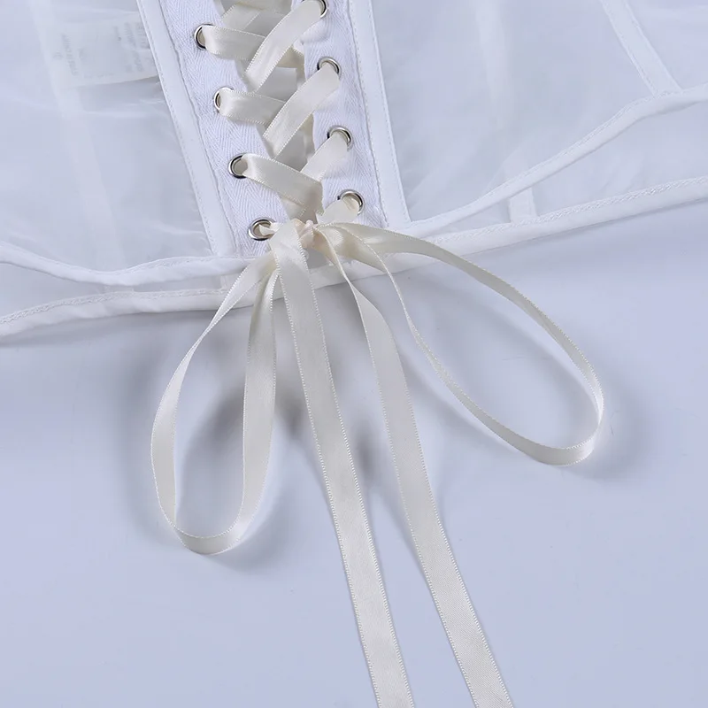 Ootddress Mesh Chest Cup Bra Corset Tops Women Black Off Shoulder Back Lace Up Crop Top High Street Slim Vest Y2K Uderbrust Corsets