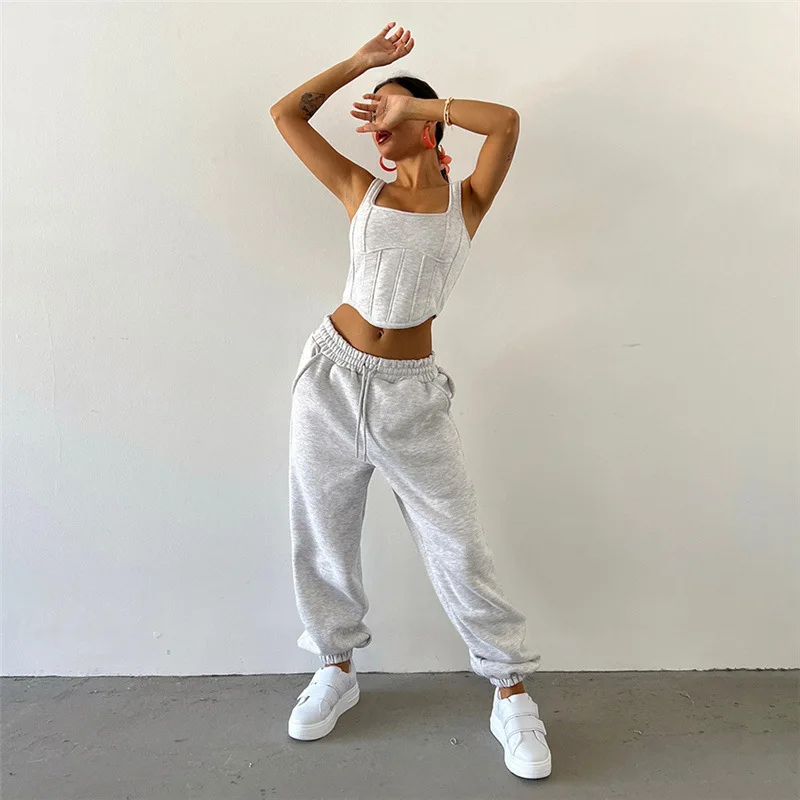 Ootddress Lace Up Pants Sets Women Slim Solid Splice Tank Tops Woman Long Sleeve Short Hoodies And Pant Suits Women Outfits Winter