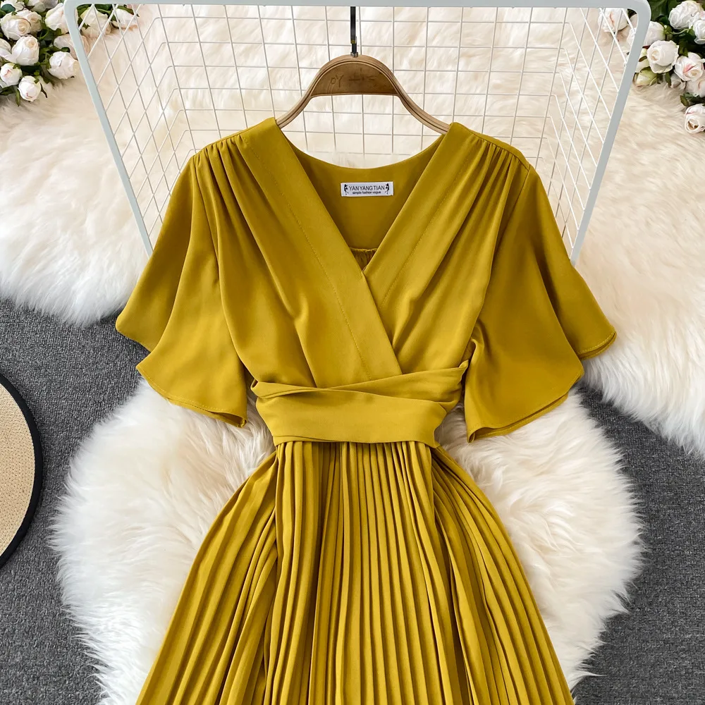 Women Elegant Pleated Dress Summer Short Sleeve V-neck Vintage Dresses Ladies A Line High Waisted Midi Dress