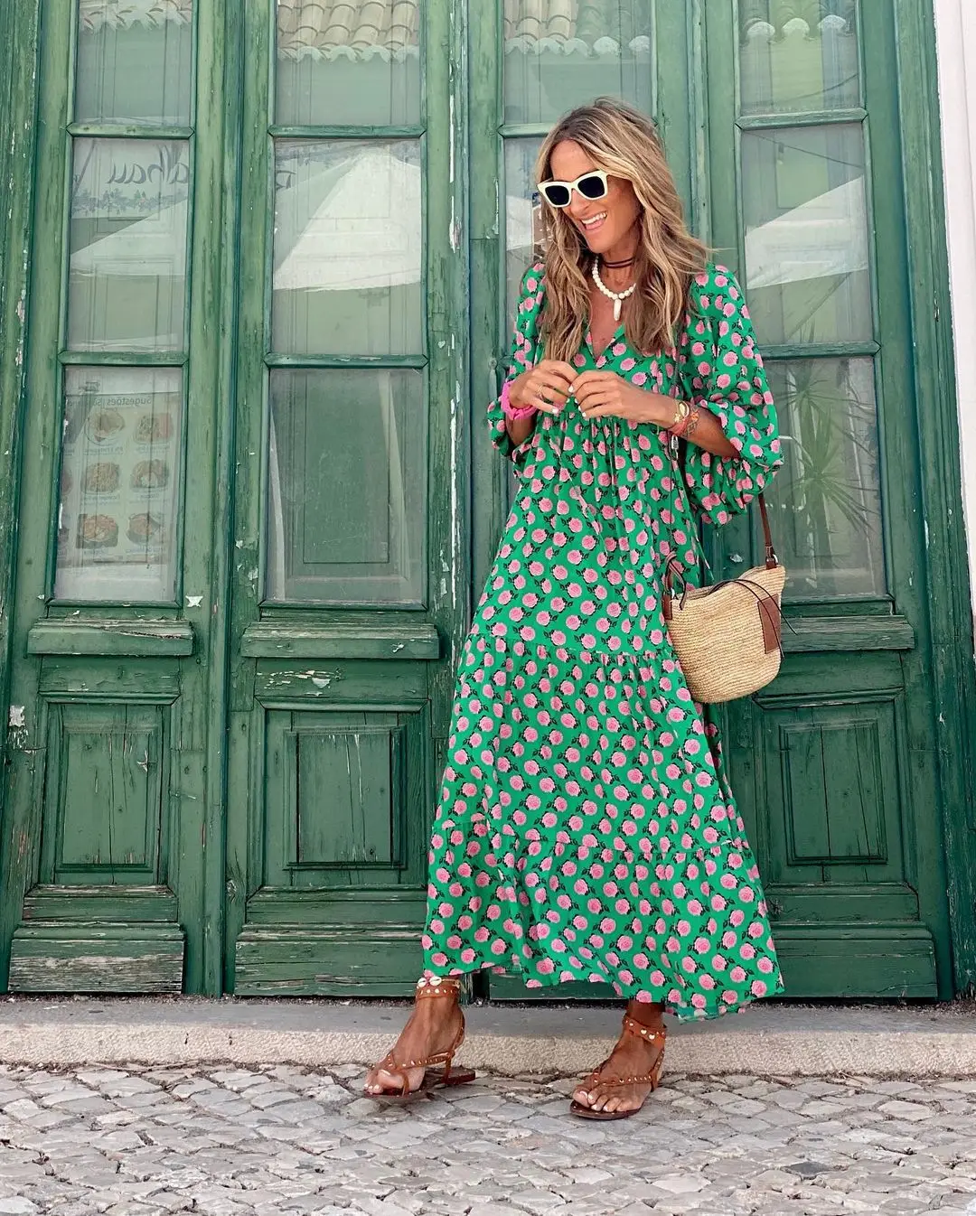 Women Puff Sleeve Boho Maxi Dress Vintage Elegant Fashion Casual Print Floral V-Neck Loose Ladies Holiday Beach Party Vestidos