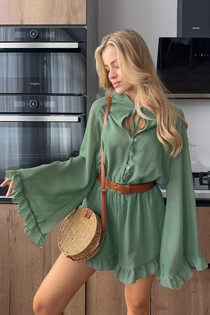 Tie Neck Keyhole Button Front Bell Sleeve Ruffle Hem Romper