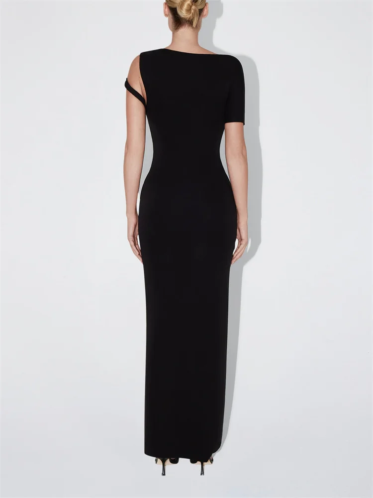 Ootddress Black Long Dress Female Slim High Waist Off-Shoulder Fashion Elegant Evening Partywear Dress Solid One-Shoulder Maxi Dress
