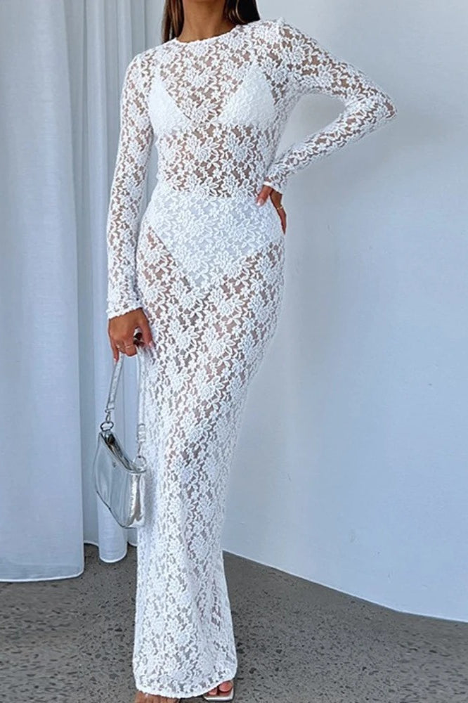 Floral Lace Sheer Long Sleeve Crew Neck Bodycon Maxi Dress