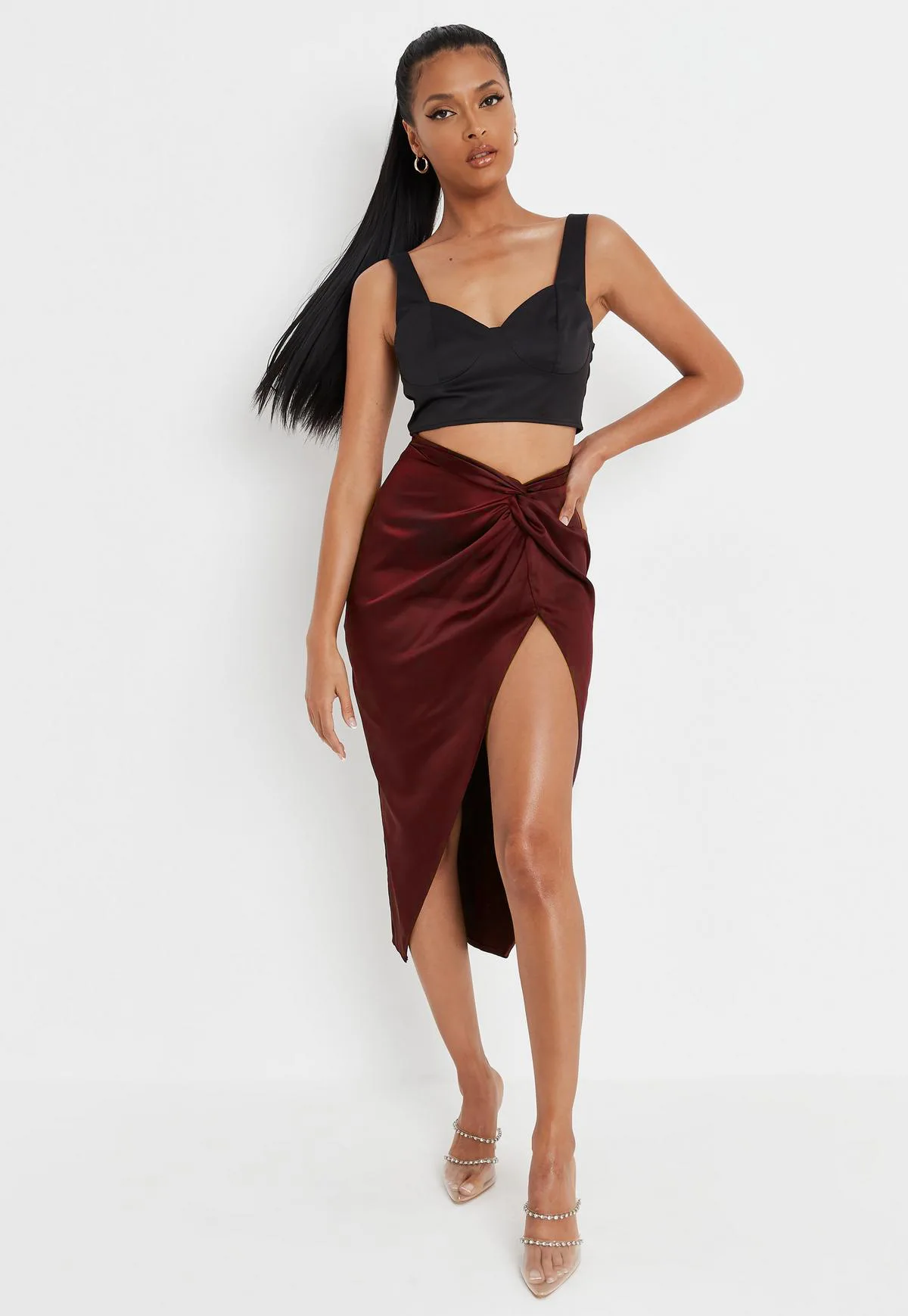 Ootddress Women Solid Satin High Splite Out Sexy Skirts Folds Irregular High Waist Bodycon Long Skirts Female French Style Outwears