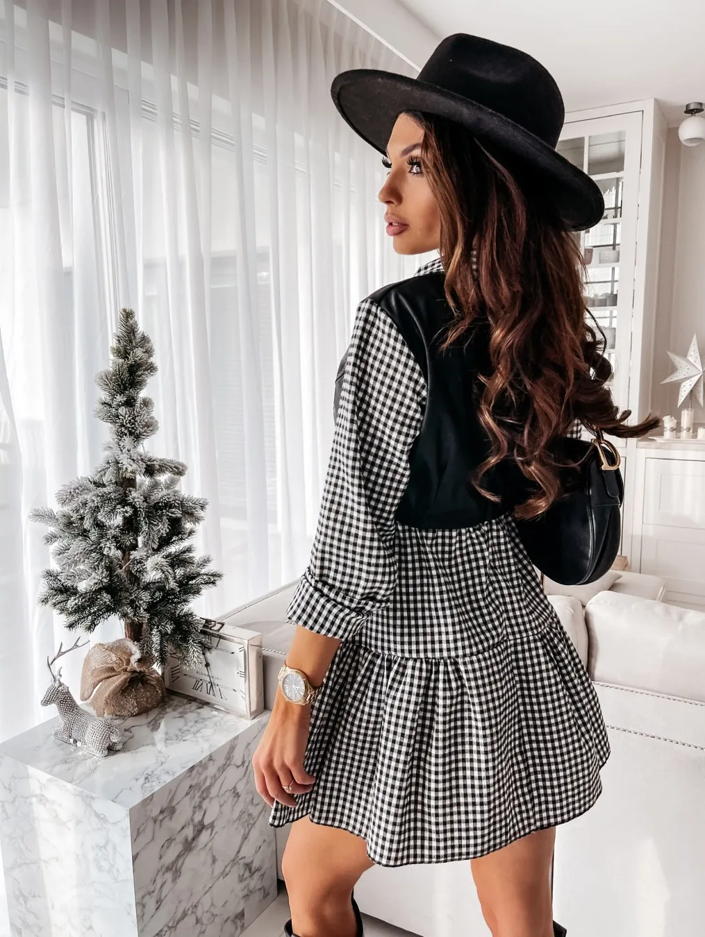 Plaid Shirt Casual Vestidos Long Sleeve White Short Dress For Women Summer PU Leather Patchwork Sweet Office Ladies Mini Dresses