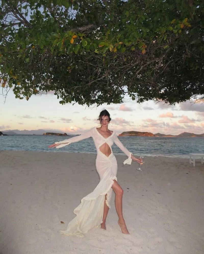 Ootddress Deep V Neck Sheer Dress For Women Elegant Slim Hollow Out Dress Femme Holiday Beach Sexy Ruffle Slit Evening Dress Ladies