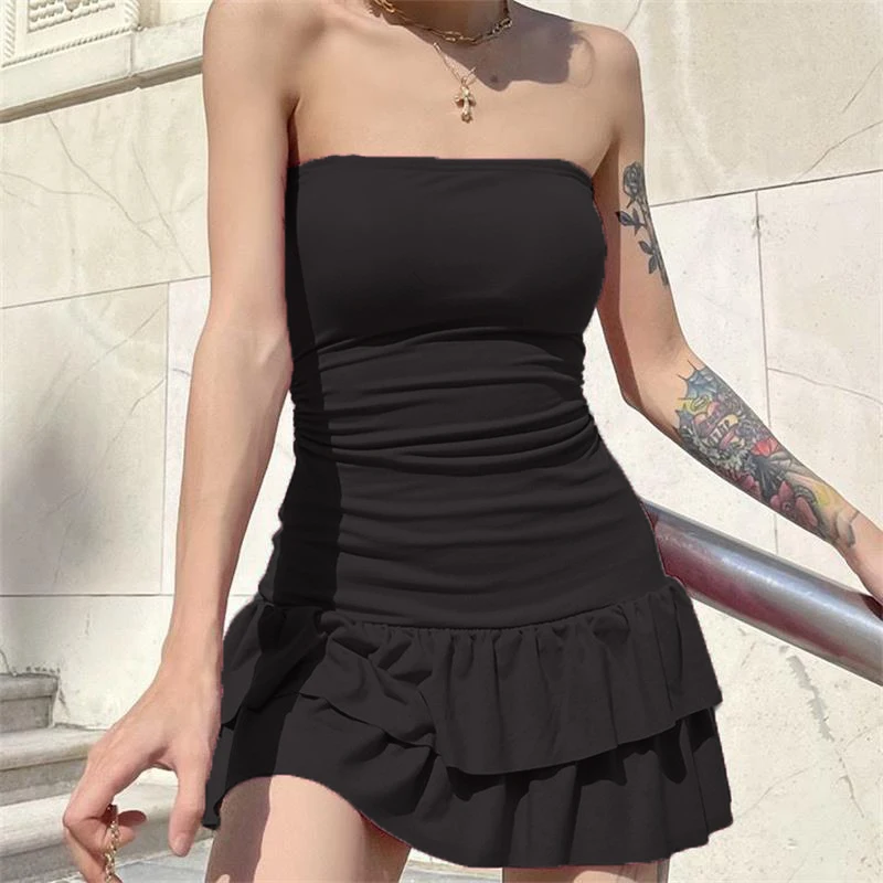 Summer Sexy Mini Dress Women Sleeveless Streetwear Backless Folds Bodycon Black Dress Party A-LINE Strapless Dresses Y2k Clothin 4 Summer Sexy Mini Dress Women Sleeveless Streetwear Backless Folds Bodycon Black Dress Party A-LINE Strapless Dresses Y2k Clothin