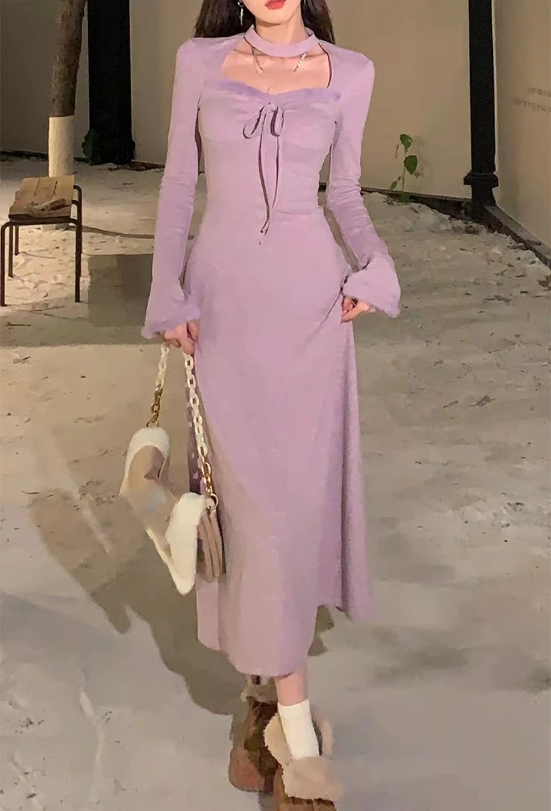 Autumn Winter Solid Knitted Dress Women Faux Fur Patchwork Halter Square Collar Long Sleeves Lace Up Slim French Vintage Vestido 7 Autumn Winter Solid Knitted Dress Women Faux Fur Patchwork Halter Square Collar Long Sleeves Lace Up Slim French Vintage Vestido