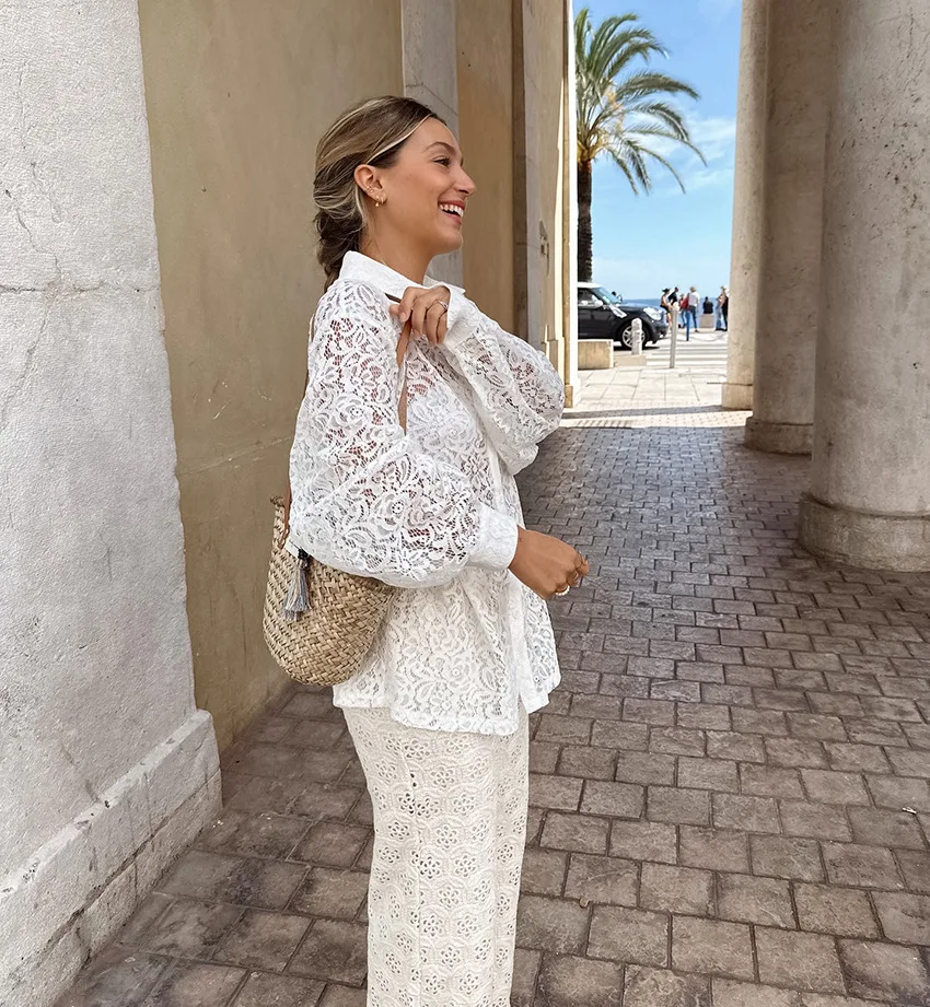 Ootddress Hollow Out Printed Loose Shirts For Women Fashion Patchwork Lace See-Through Summer Top Long Sleeve Female Casual Blouse