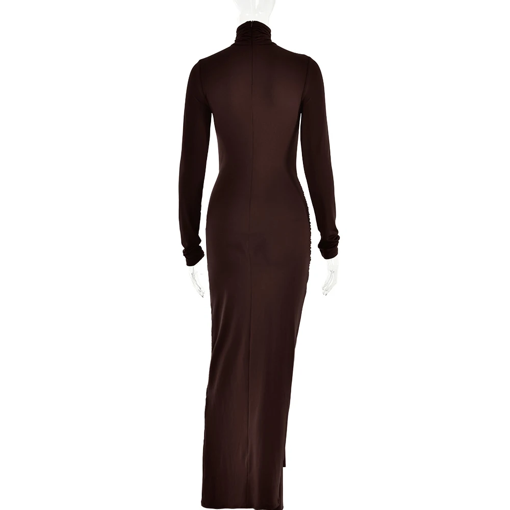 咖啡3.jpg Ootddress High Neck Long Sleeve Bodycon Dress For Women Tight Elastic Lace Up Maxi Long Dress Autumn New Party Club Vestidos