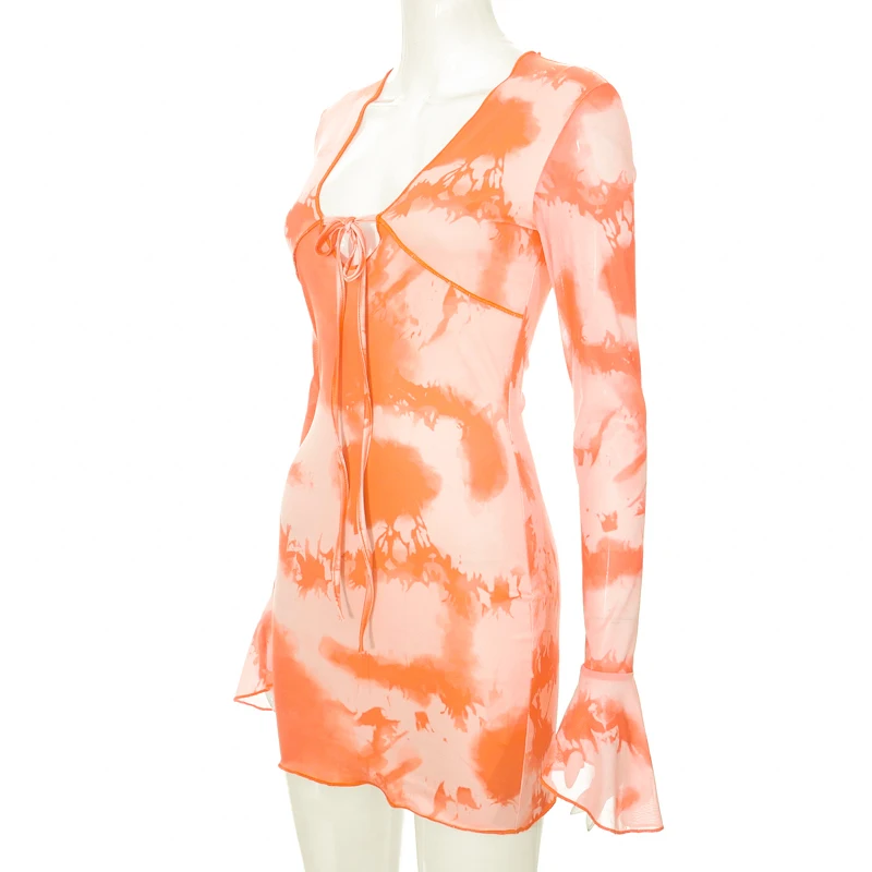Spring Summer Abstract Print Trumpet Sleeve Bandage Mini Dresses Sexy V Neck Party Dresses Women