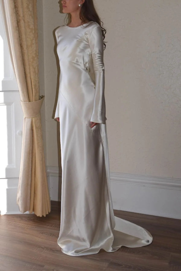 Satin Cowl Back Bell Sleeve Bias Cut Floor Length Gown