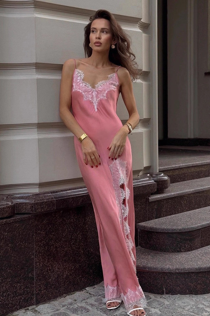 Spaghetti Strap Deep V Floral Lace Trim High Slit Satin Maxi Slip Dress