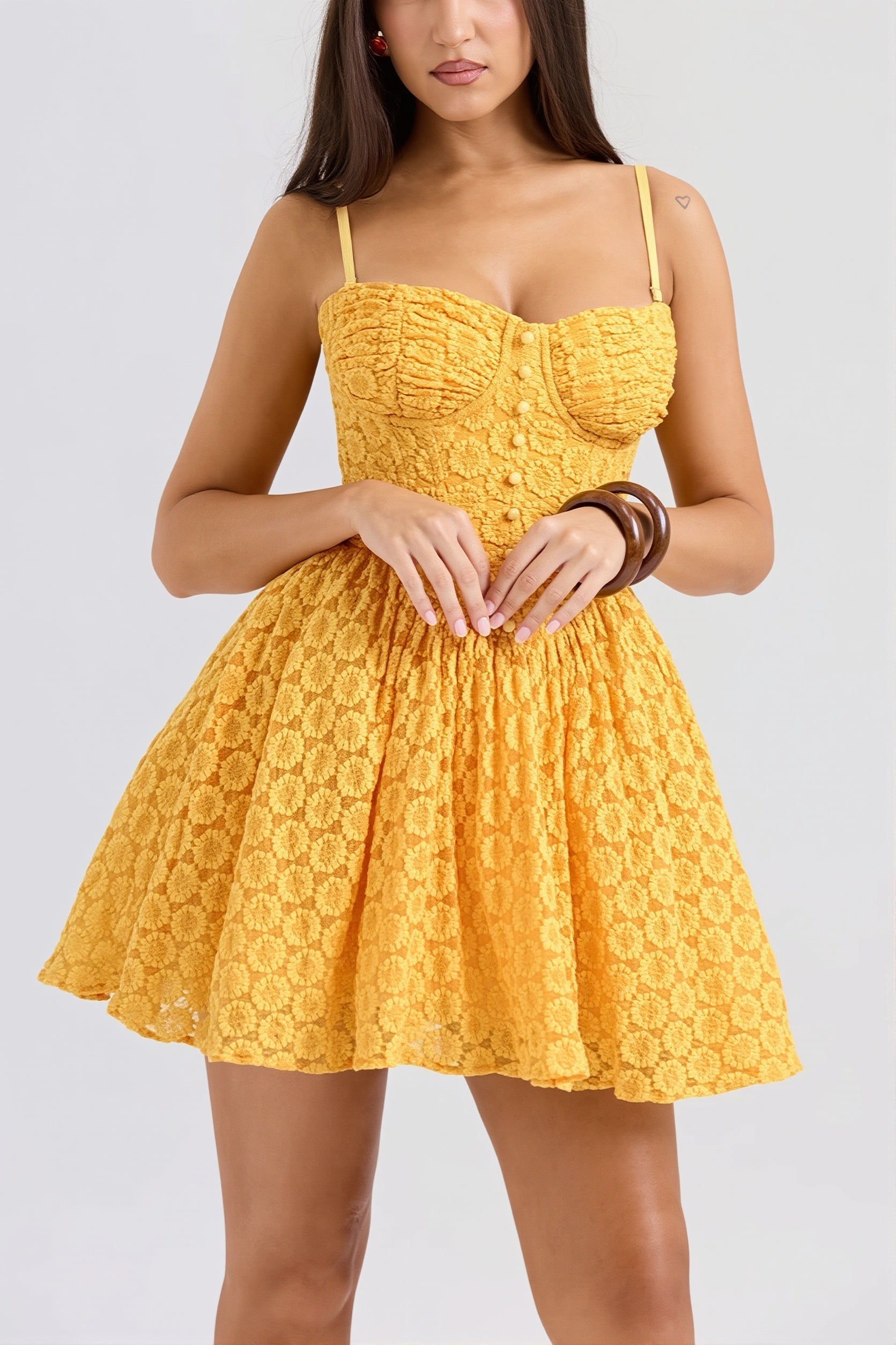 Floral Lace Corset Button-Down Sweetheart Spaghetti Strap Fit and Flare Mini Dress