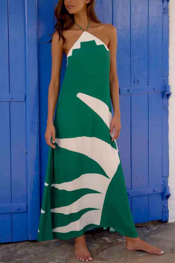 Stylish Color-blocked Print Halter Neck Backless Casual Vacation Maxi Dress