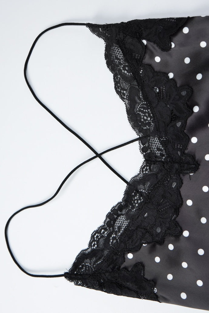 Black Spaghetti Strap Sweetheart Neck Lace Trim Polka Dot Side Slit Mini Dress