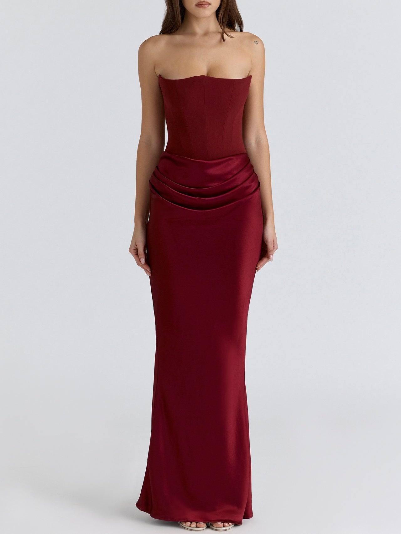 Satin Belted Strapless Off-the-shoulder Fishbone Pleated Long Bodycon Dress