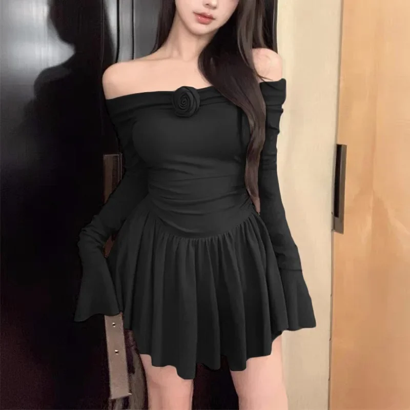 Ootddress Splice Flower Bodycon Mini Dress For Women Ruffled Folds High Waist Dresses Femme Off Shoulders Casual Slim Dress Woman