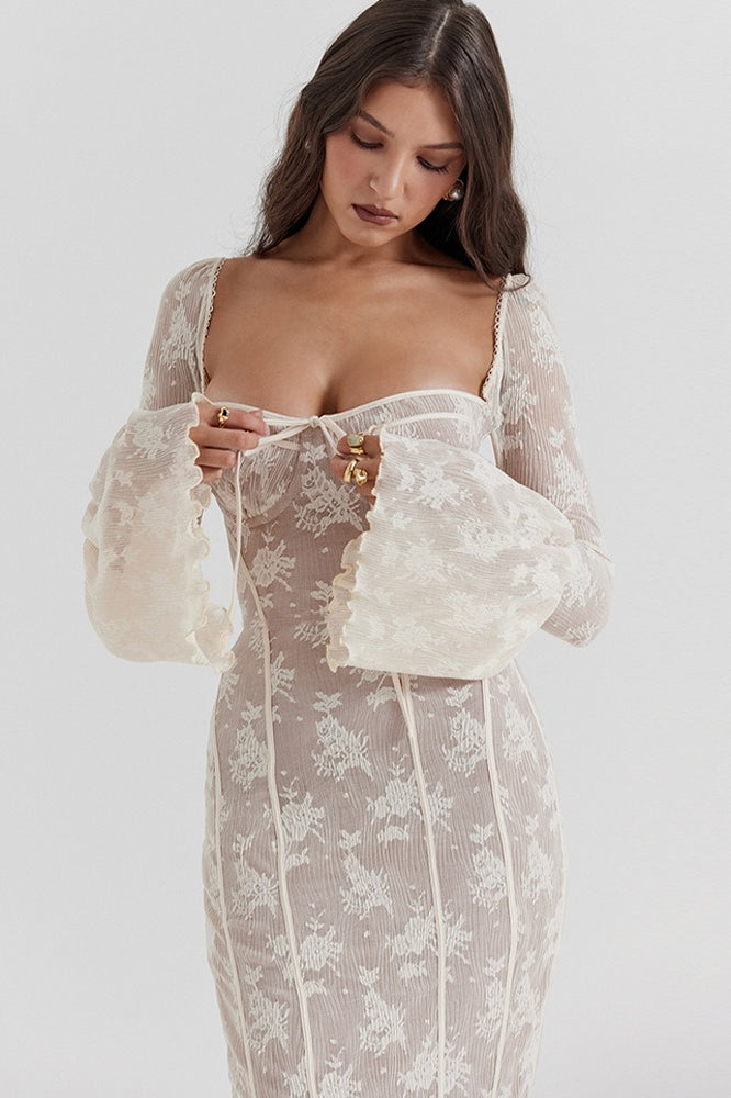 Lace Square Neck Milkmaid Tie Front Corset Seam Bell Sleeve Mermaid Maxi Dress