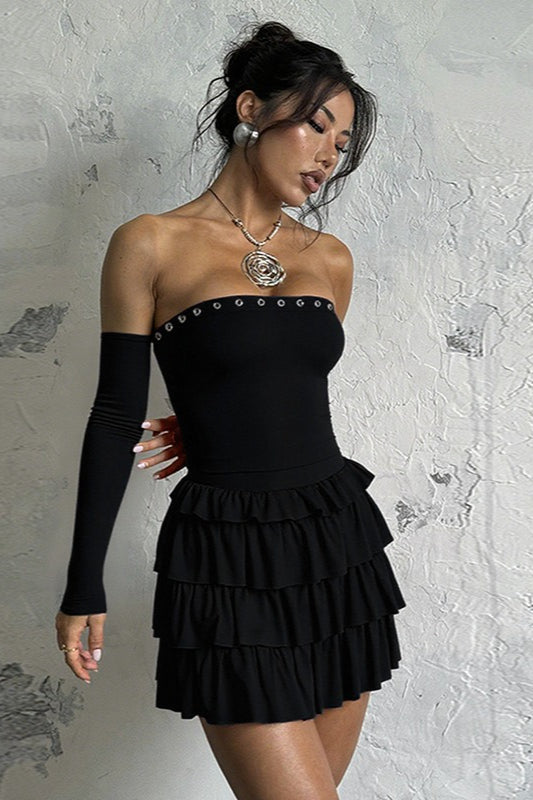 Grommet Trim Off-Shoulder Long Sleeve Tiered Ruffle Bodycon Mini Dress
