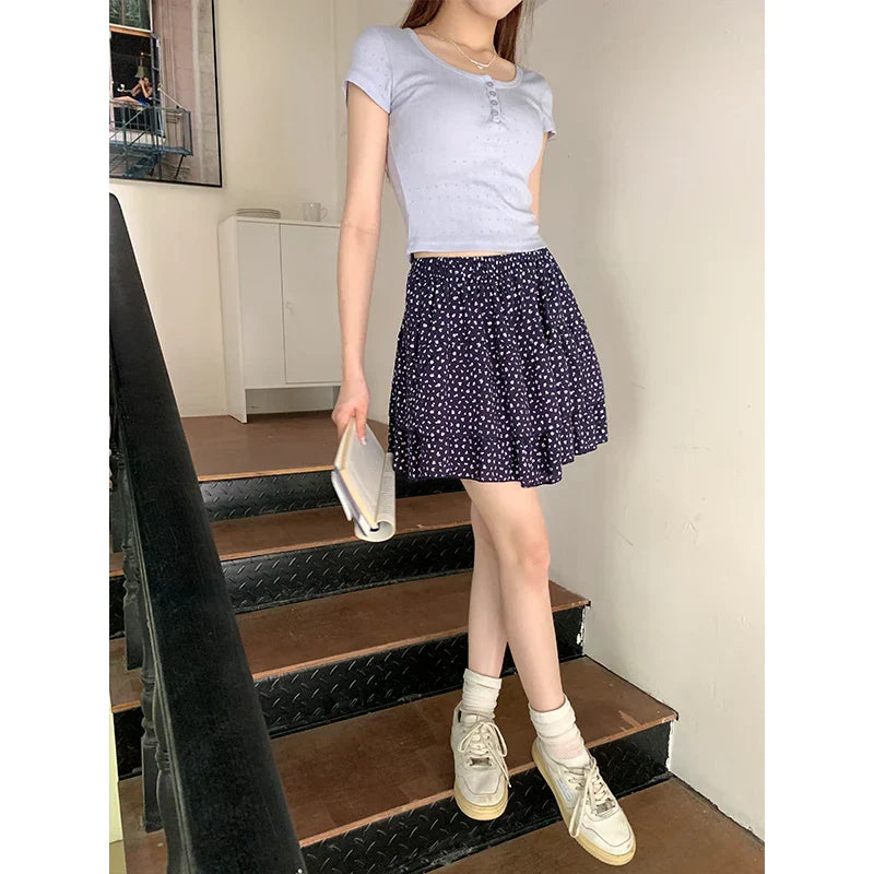 Ditsy Floral Print Tiered Ruffle Elastic Waist Mini Skirt