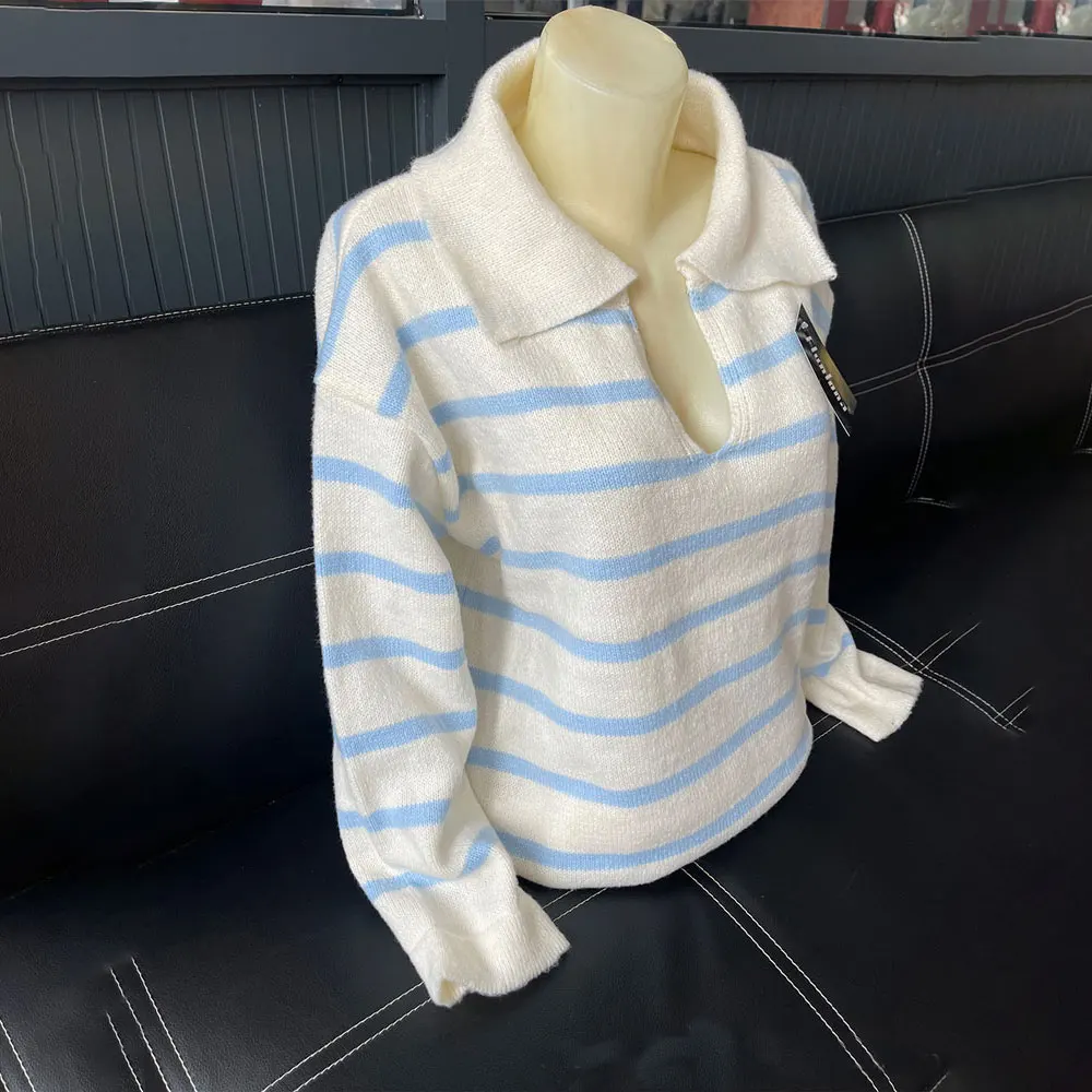 Ootddress V-Neck Knit Casual Pullover For Women Striped Slim Long Sleeve Contrast Loose Sweater High Street Knitwear Pullover Top