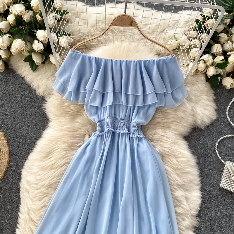Women Chiffon Beach Dress Sexy Double Layer Ruffled Off The Shoulder Boho Dresses Ladies Sweet Slash Neck Long Dress 29 Women Chiffon Beach Dress Sexy Double Layer Ruffled Off The Shoulder Boho Dresses Ladies Sweet Slash Neck Long Dress