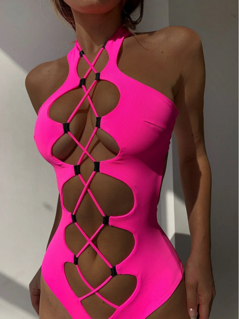 Ootddress Elastic Straps Navel Sexy Bodysuit Lingerie Hollow Solid Bodycon One Piece Ladies Club Beach Swimming Bodysuits Woman