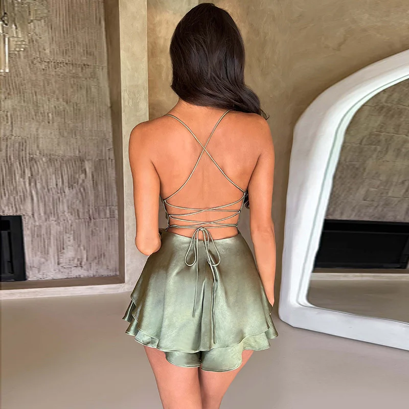 Ootddress Satin Spaghetti Strap Mini Dress For Women Robe New Sleeveless Backless Lace-up Short Dress Female Sexy Party Vestidos