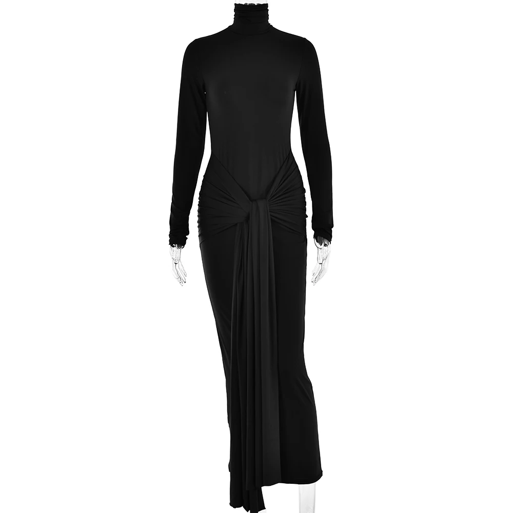 黑.jpg Ootddress High Neck Long Sleeve Bodycon Dress For Women Tight Elastic Lace Up Maxi Long Dress Autumn New Party Club Vestidos